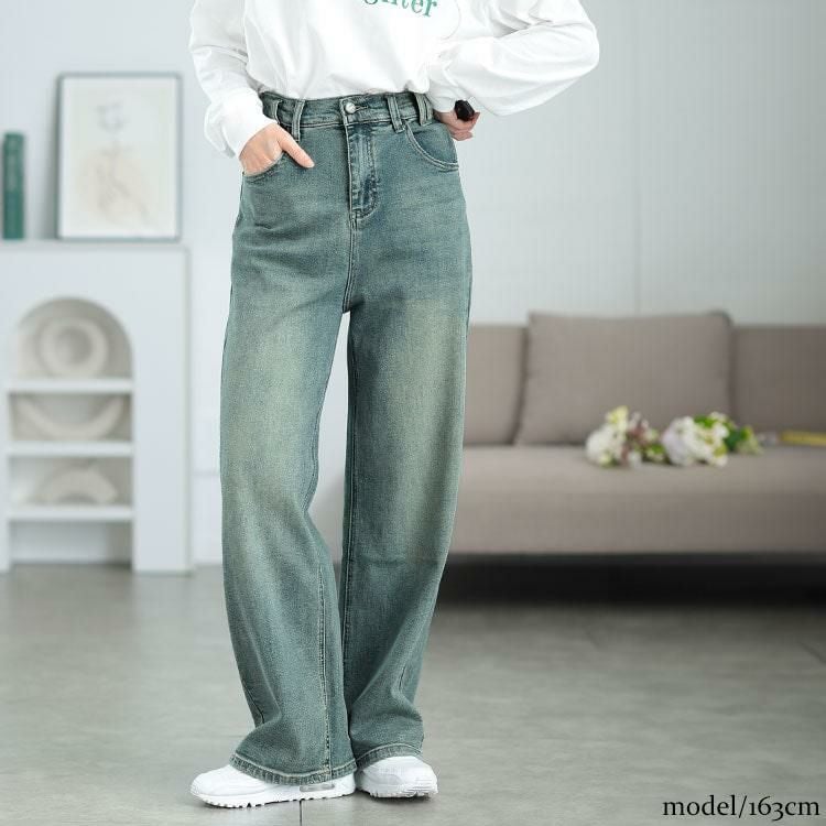 大きいサイズ レディース バイカラーポケットデニムストレートパンツ　goldy-1572 ブルー