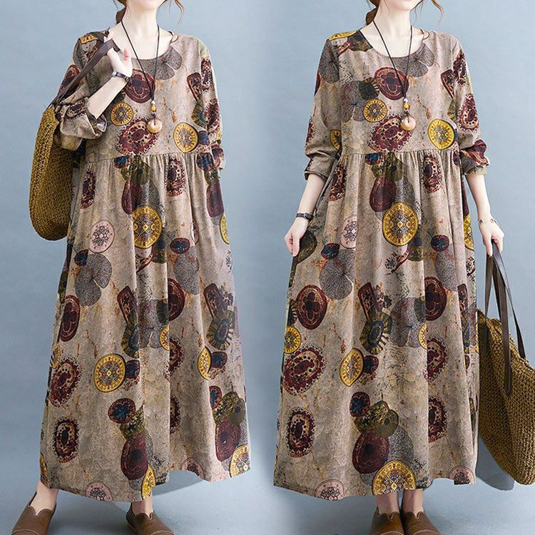 大きいサイズ レディース ヴィンテージ柄Aラインワンピース　goldy-1578 【メール便可】