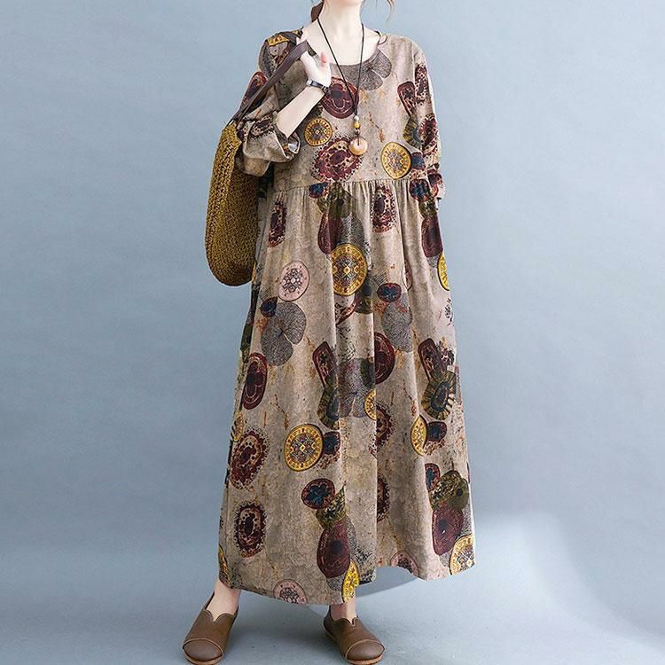 大きいサイズ レディース ヴィンテージ柄Aラインワンピース　goldy-1578 【メール便可】 ブラウン