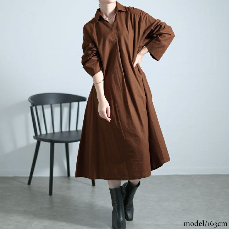 大きいサイズ レディース スキッパー襟コットンワンピース　goldy-1577