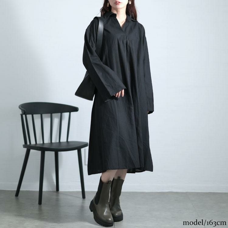 大きいサイズ レディース スキッパー襟コットンワンピース　goldy-1577 ブラック