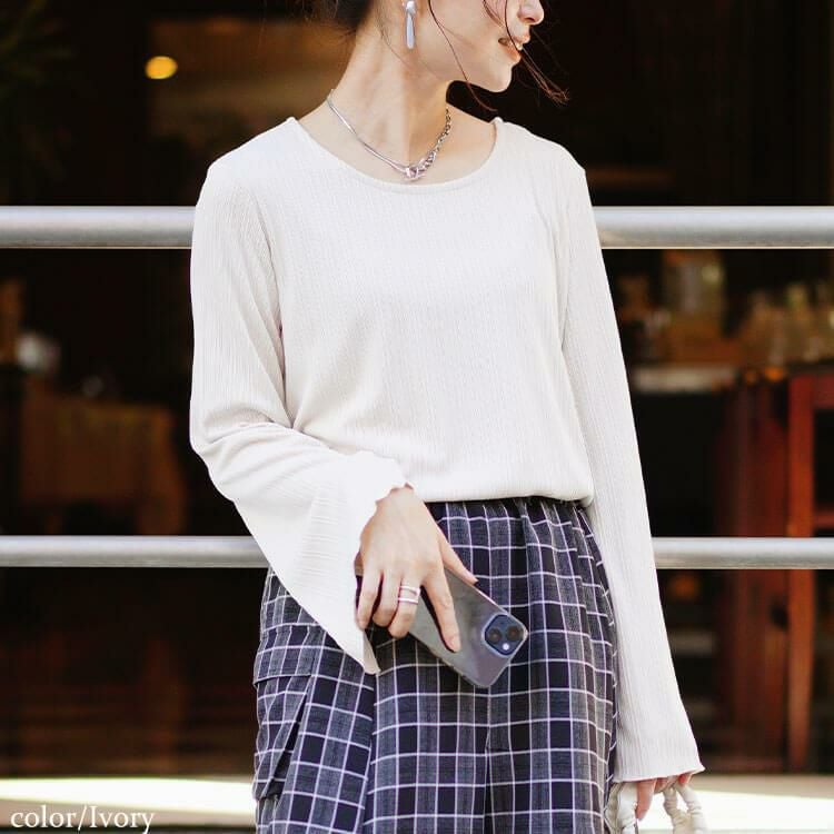大きいサイズ レディース ランダムテレコフレアスリーブメロウトップス　maru-30072 【メール便可】 アイボリー