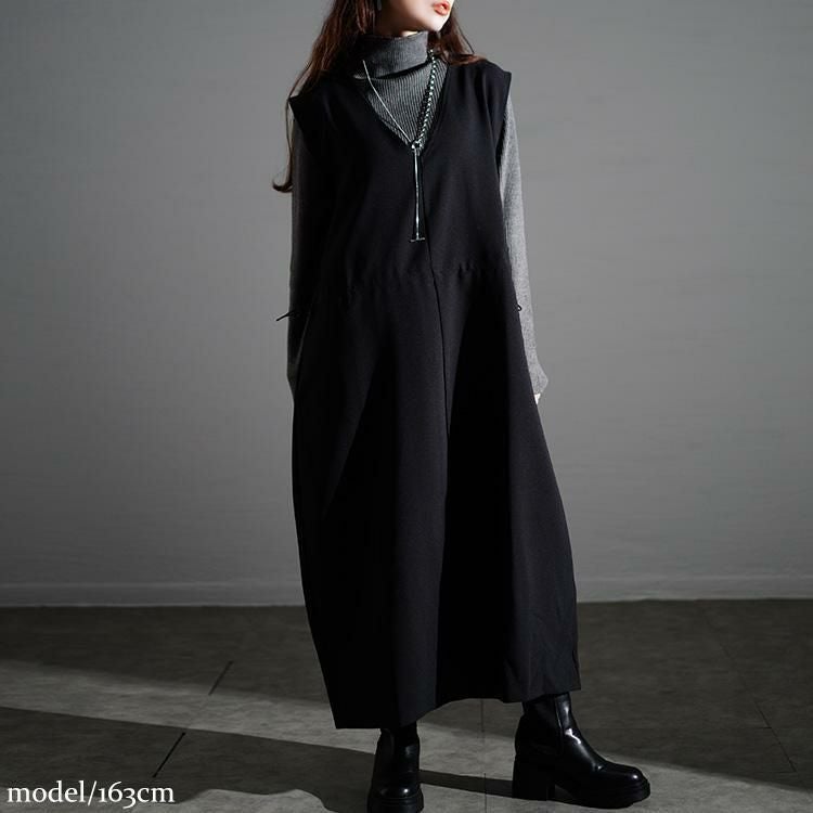 大きいサイズ レディース ドロストVネックジャンパースカート　nw-24032 ブラック