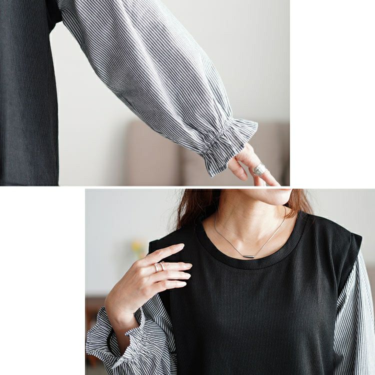 大きいサイズ レディース フェイクベストストライププルオーバー　cast-5546033