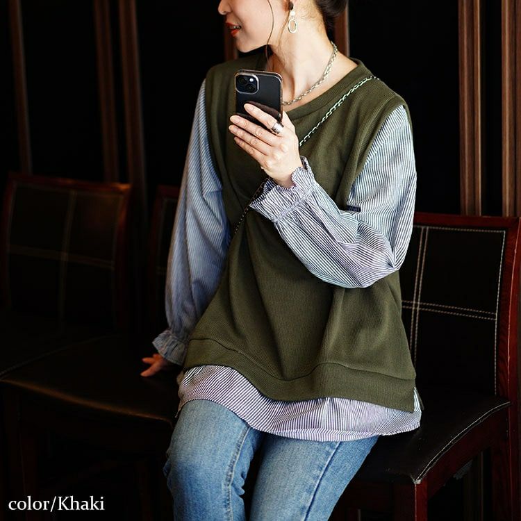 大きいサイズ レディース フェイクベストストライププルオーバー　cast-5546033