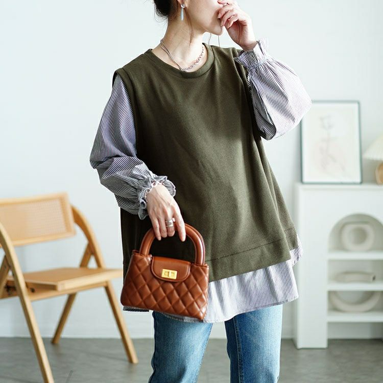 大きいサイズ レディース フェイクベストストライププルオーバー　cast-5546033