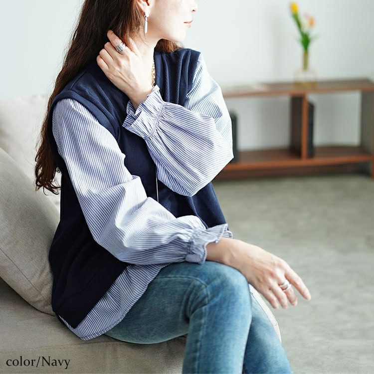 大きいサイズ レディース フェイクベストストライププルオーバー　cast-5546033