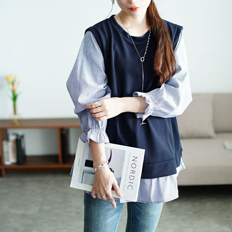 大きいサイズ レディース フェイクベストストライププルオーバー　cast-5546033