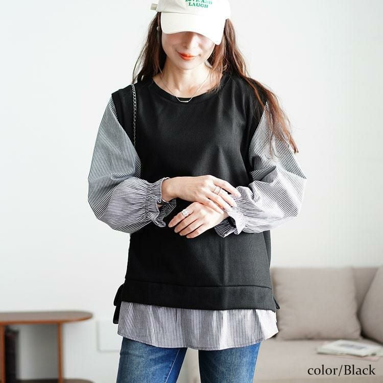 大きいサイズ レディース フェイクベストストライププルオーバー　cast-5546033 ブラック