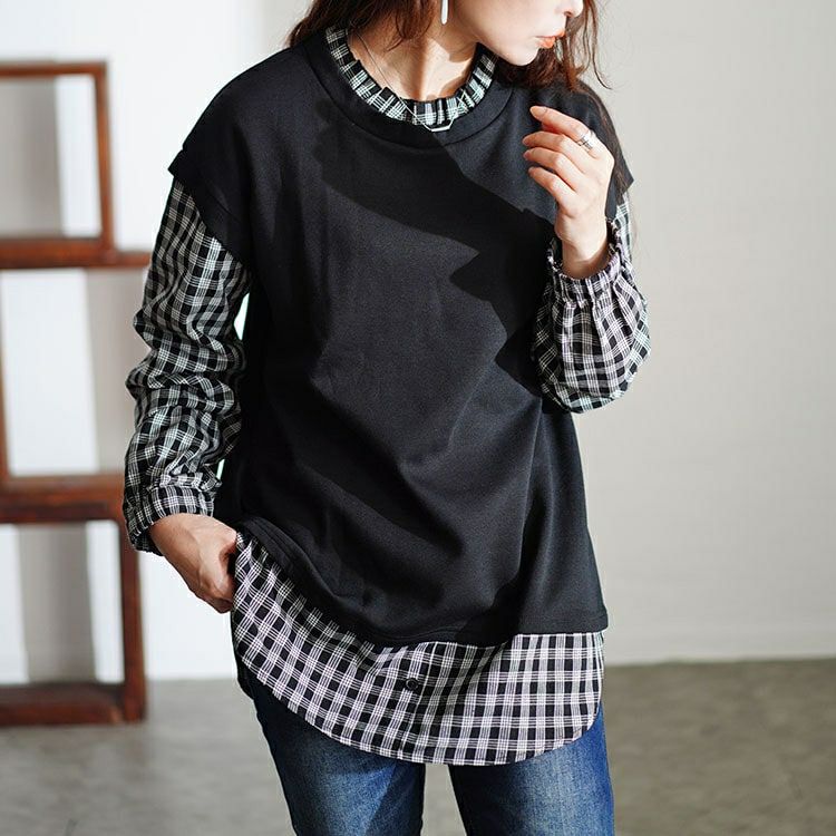 大きいサイズ レディース フェイクレイヤードチェックプルオーバー　cast-5546036