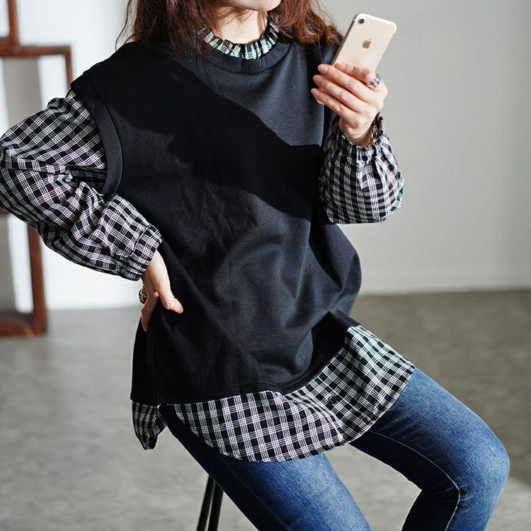 大きいサイズ レディース フェイクレイヤードチェックプルオーバー　cast-5546036