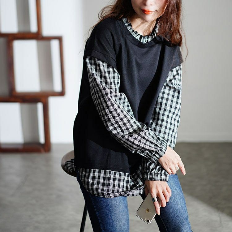 大きいサイズ レディース フェイクレイヤードチェックプルオーバー　cast-5546036