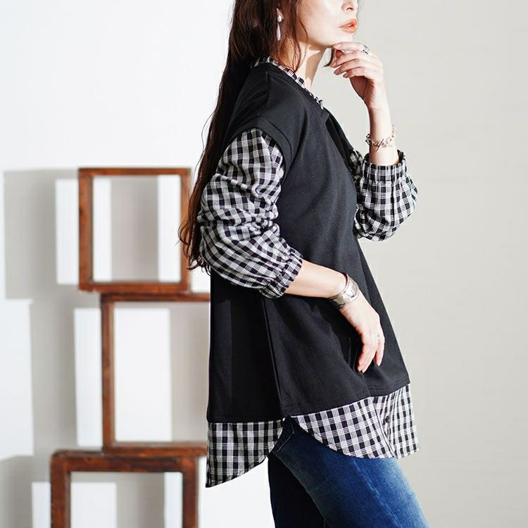 大きいサイズ レディース フェイクレイヤードチェックプルオーバー　cast-5546036