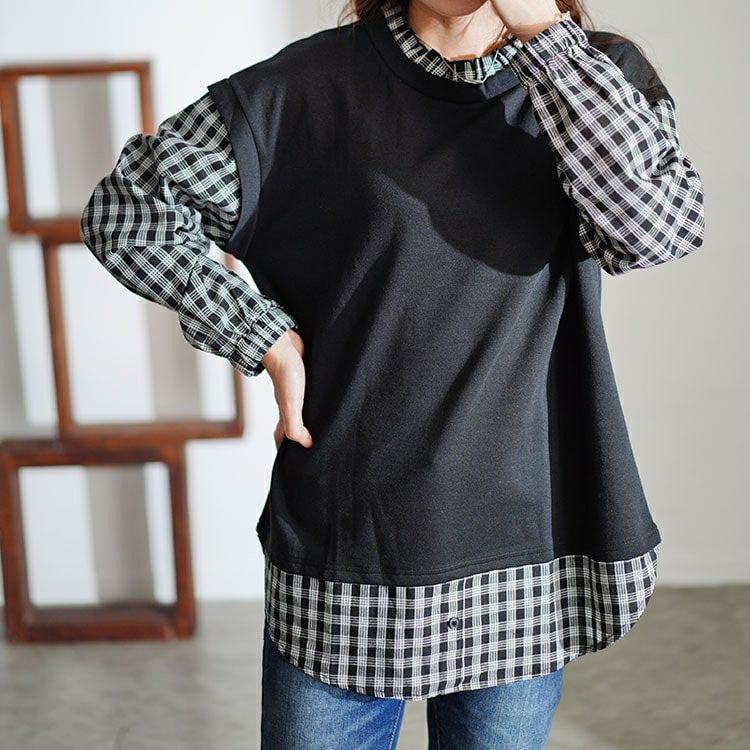 大きいサイズ レディース フェイクレイヤードチェックプルオーバー　cast-5546036