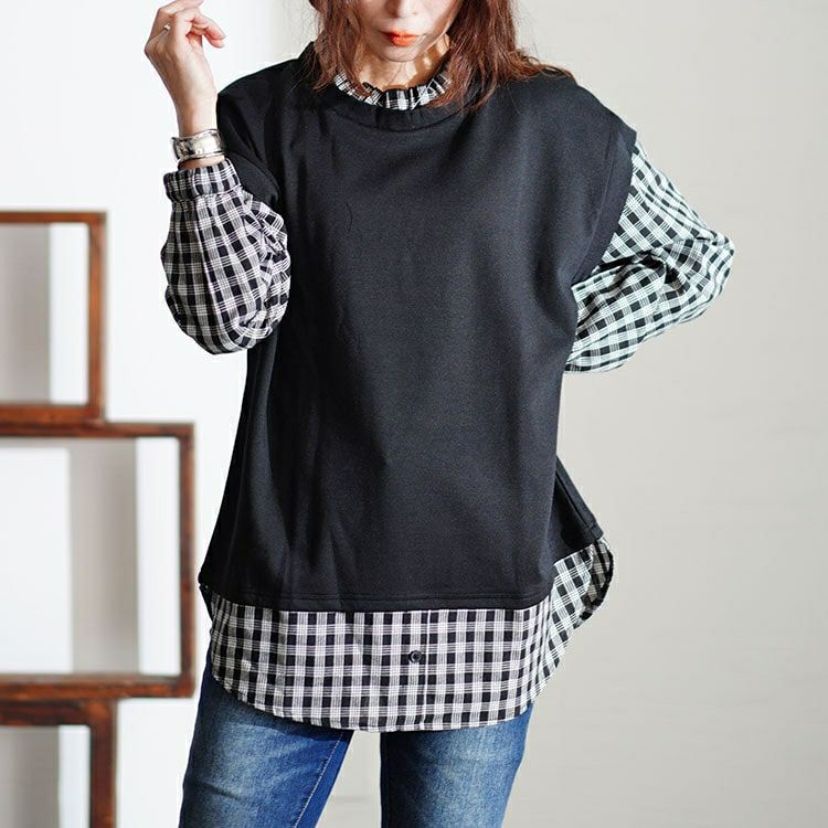 大きいサイズ レディース フェイクレイヤードチェックプルオーバー　cast-5546036