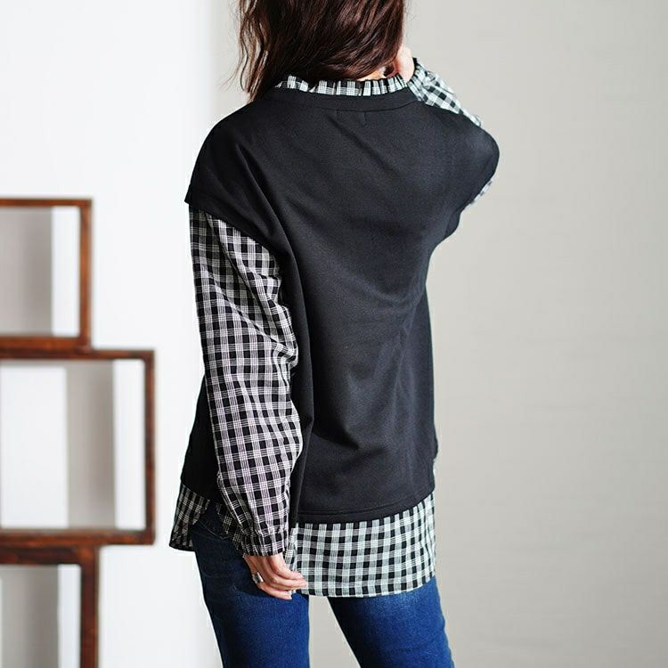 大きいサイズ レディース フェイクレイヤードチェックプルオーバー　cast-5546036