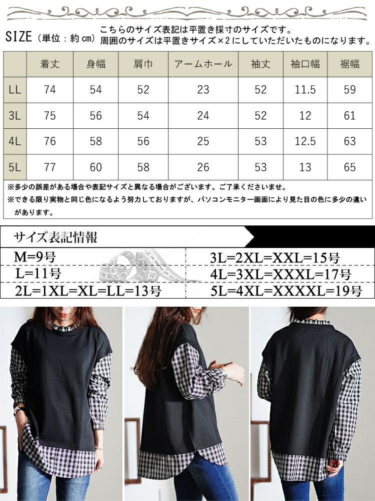 大きいサイズ レディース フェイクレイヤードチェックプルオーバー　cast-5546036