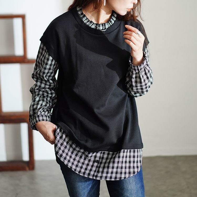 大きいサイズ レディース フェイクレイヤードチェックプルオーバー　cast-5546036 ブラック