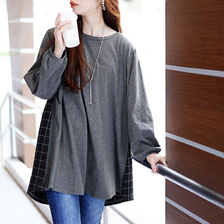 大きいサイズ レディース 後ろチェック切り替えチュニック　cast-5546034 【メール便可】