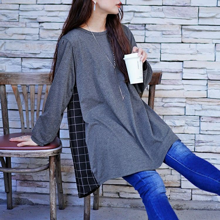 大きいサイズ レディース 後ろチェック切り替えチュニック　cast-5546034 【メール便可】