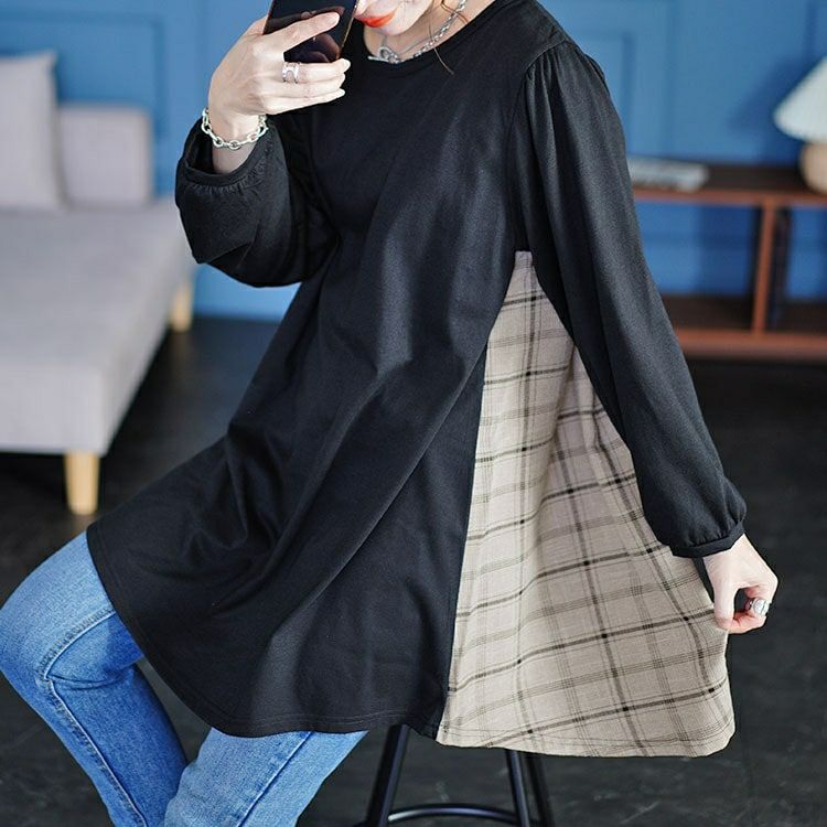 大きいサイズ レディース 後ろチェック切り替えチュニック　cast-5546034 【メール便可】