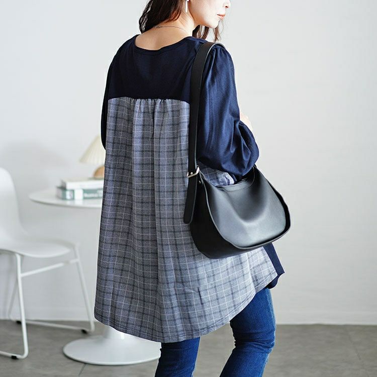 大きいサイズ レディース 後ろチェック切り替えチュニック　cast-5546034 【メール便可】
