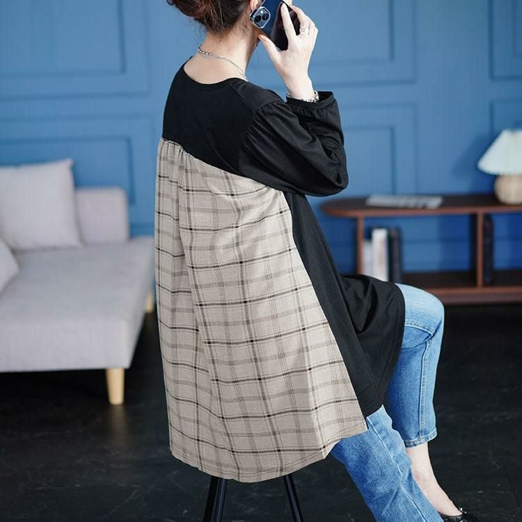 大きいサイズ レディース 後ろチェック切り替えチュニック　cast-5546034 【メール便可】 ブラック