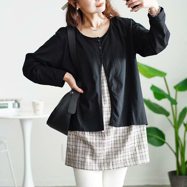 大きいサイズ レディース フェイクレイヤードチェックプルオーバー　cast-5546028 ブラック