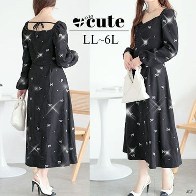 大きいサイズ レディース リボン柄ダイヤモンドネックロングワンピース　goldy-1594