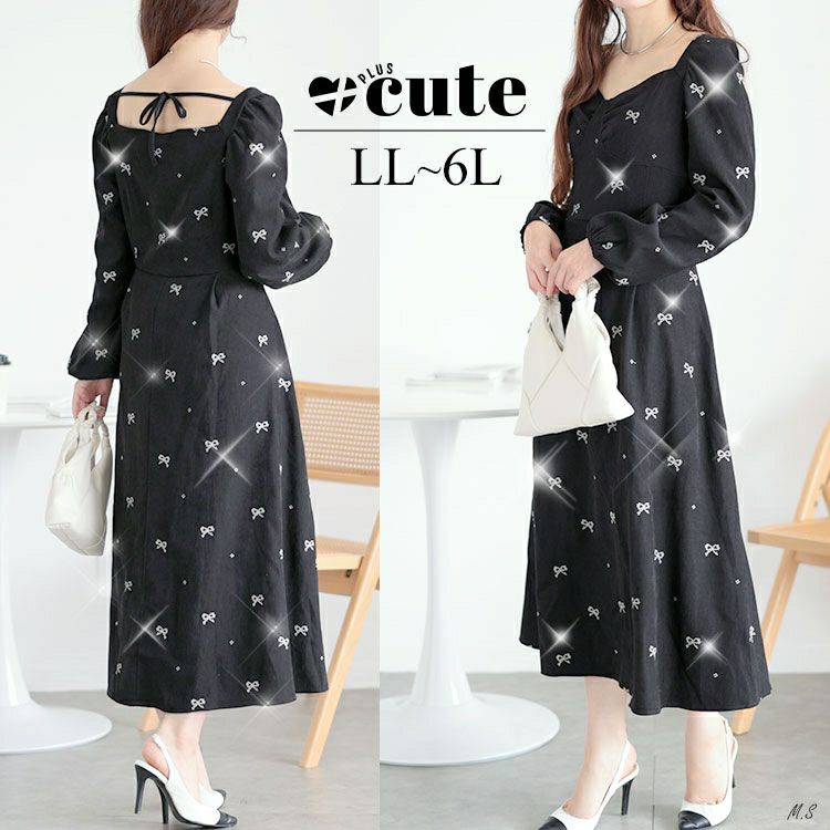 大きいサイズ レディース リボン柄ダイヤモンドネックロングワンピース　goldy-1594