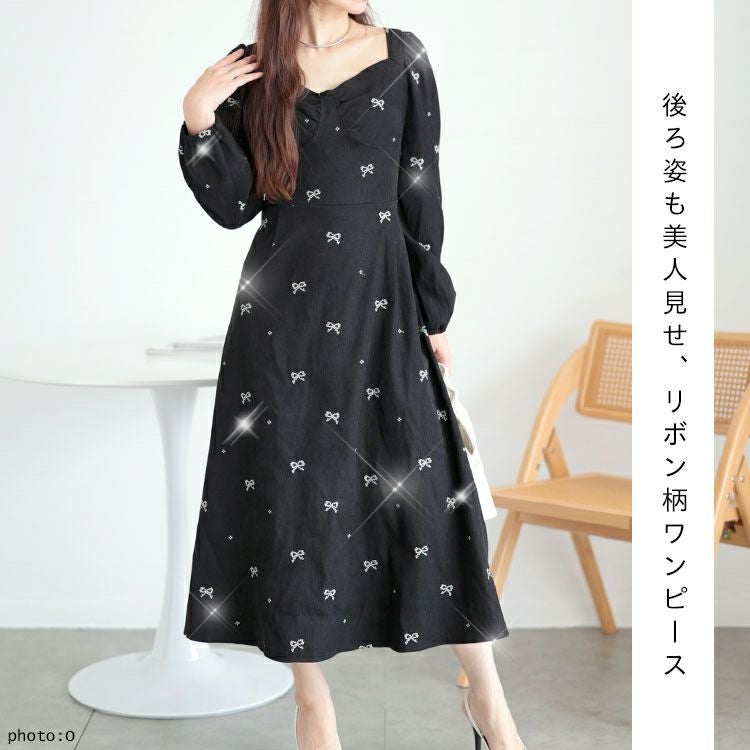 大きいサイズ レディース リボン柄ダイヤモンドネックロングワンピース　goldy-1594
