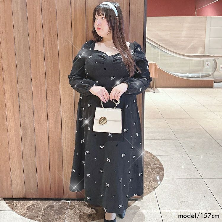 大きいサイズ レディース リボン柄ダイヤモンドネックロングワンピース　goldy-1594
