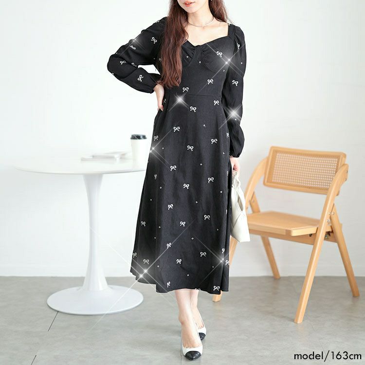 大きいサイズ レディース リボン柄ダイヤモンドネックロングワンピース　goldy-1594