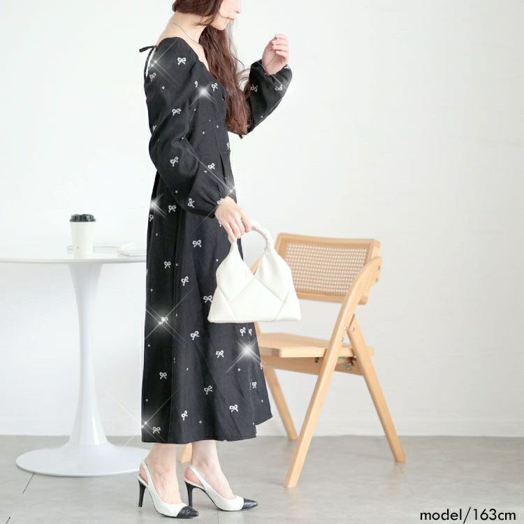 大きいサイズ レディース リボン柄ダイヤモンドネックロングワンピース　goldy-1594