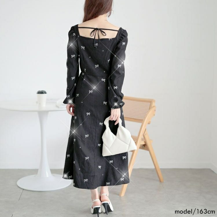 大きいサイズ レディース リボン柄ダイヤモンドネックロングワンピース　goldy-1594