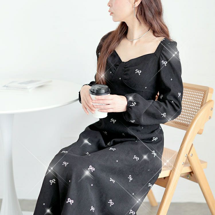 大きいサイズ レディース リボン柄ダイヤモンドネックロングワンピース　goldy-1594