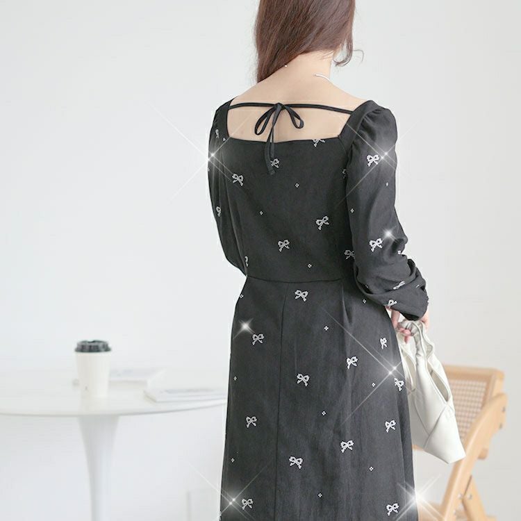 大きいサイズ レディース リボン柄ダイヤモンドネックロングワンピース　goldy-1594