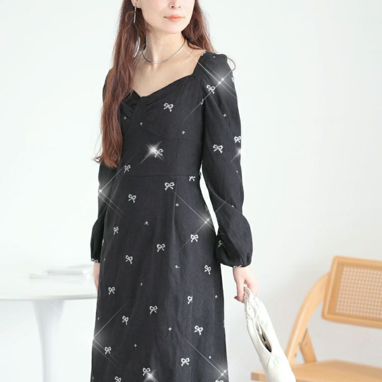 大きいサイズ レディース リボン柄ダイヤモンドネックロングワンピース　goldy-1594