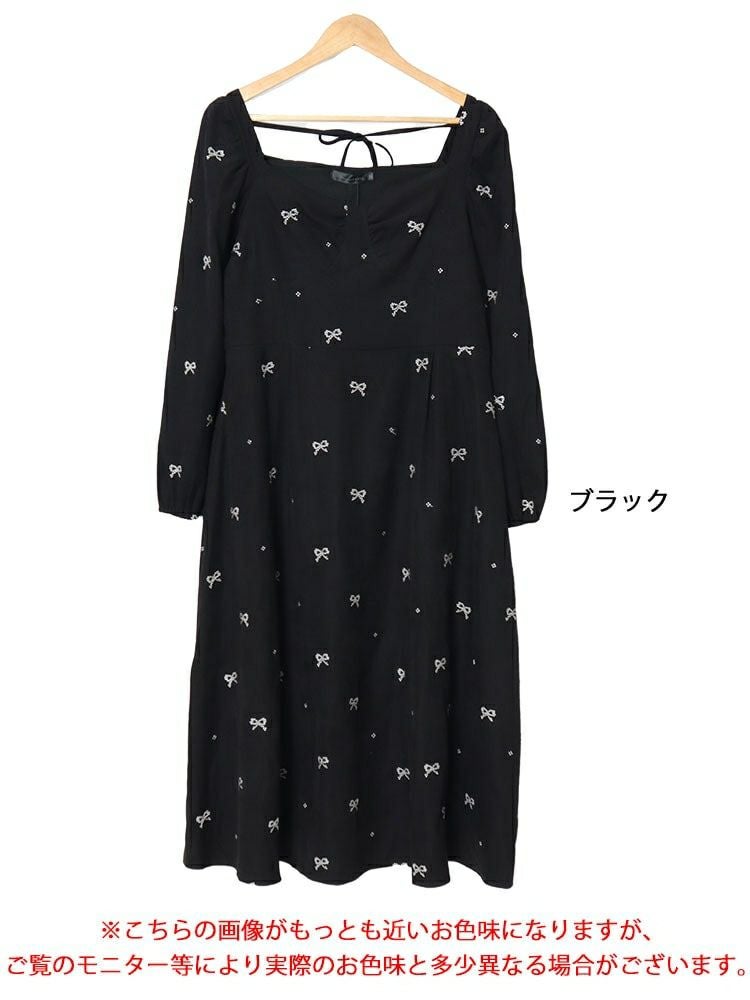 大きいサイズ レディース リボン柄ダイヤモンドネックロングワンピース　goldy-1594