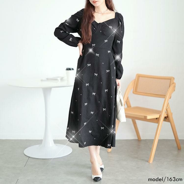 大きいサイズ レディース リボン柄ダイヤモンドネックロングワンピース　goldy-1594 ブラック