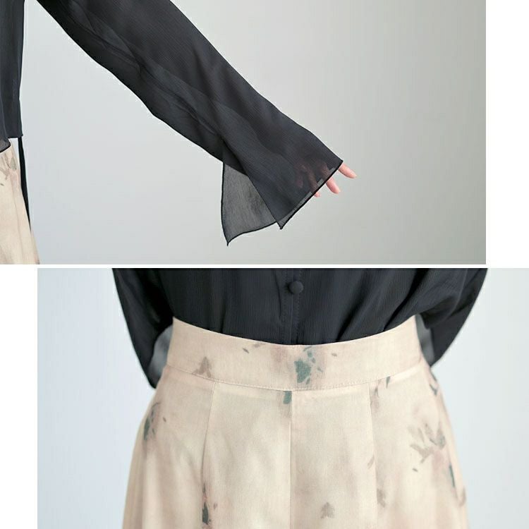 大きいサイズ レディース フレア袖シャツ＆花柄ガウチョパンツ　goldy-1583