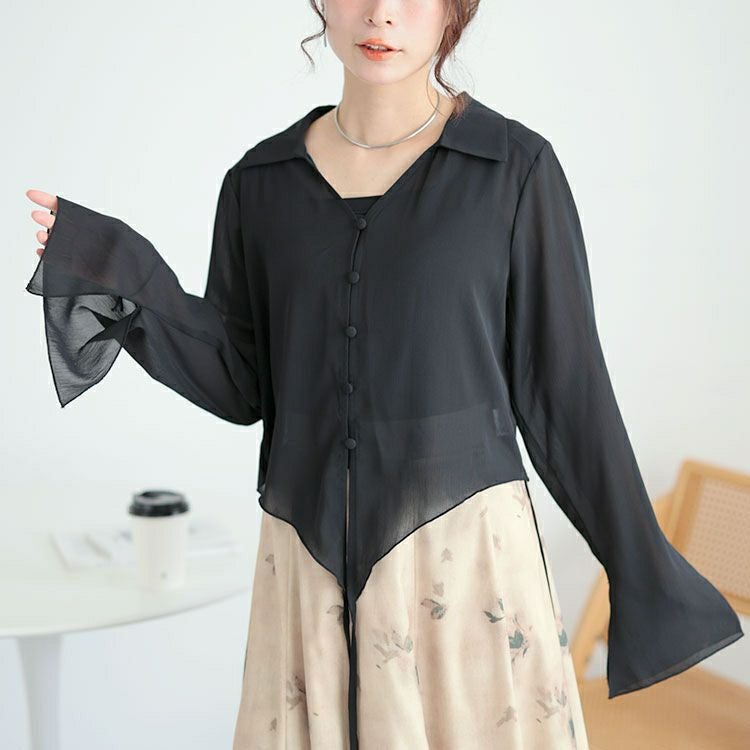 大きいサイズ レディース フレア袖シャツ＆花柄ガウチョパンツ　goldy-1583