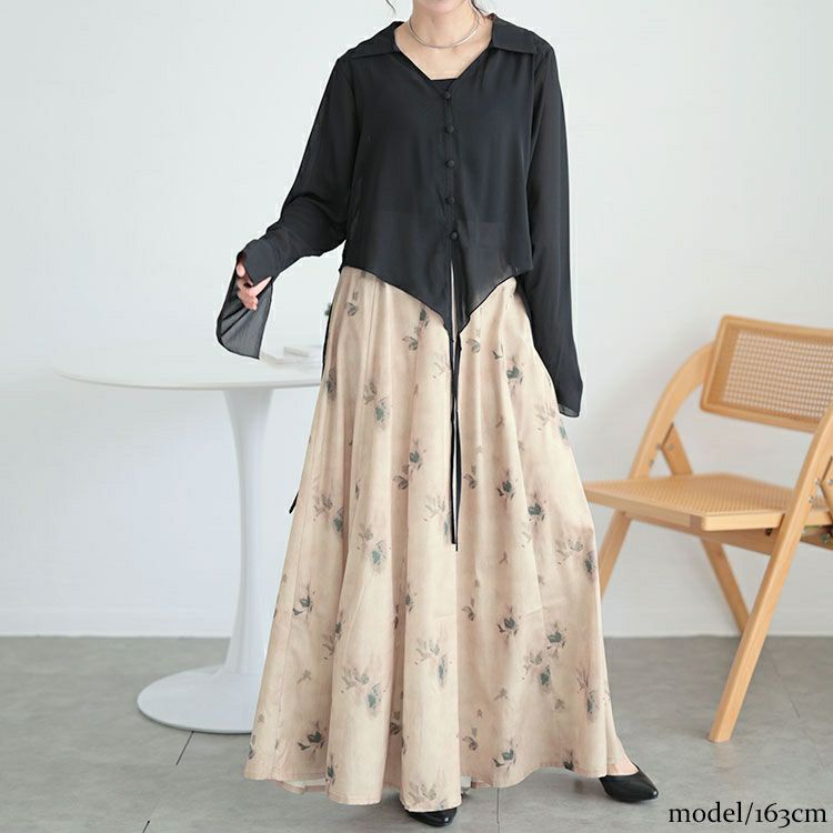 大きいサイズ レディース フレア袖シャツ＆花柄ガウチョパンツ　goldy-1583