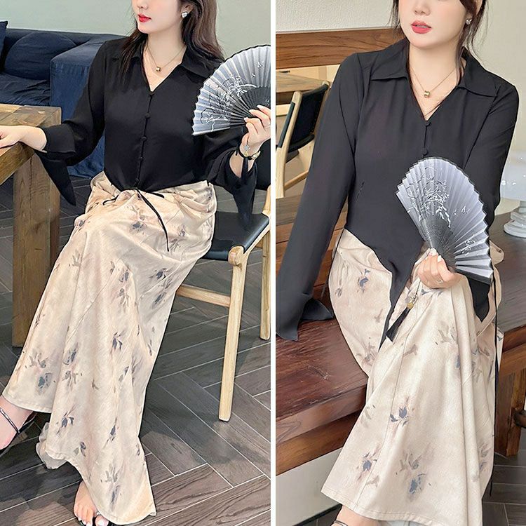 大きいサイズ レディース フレア袖シャツ＆花柄ガウチョパンツ　goldy-1583