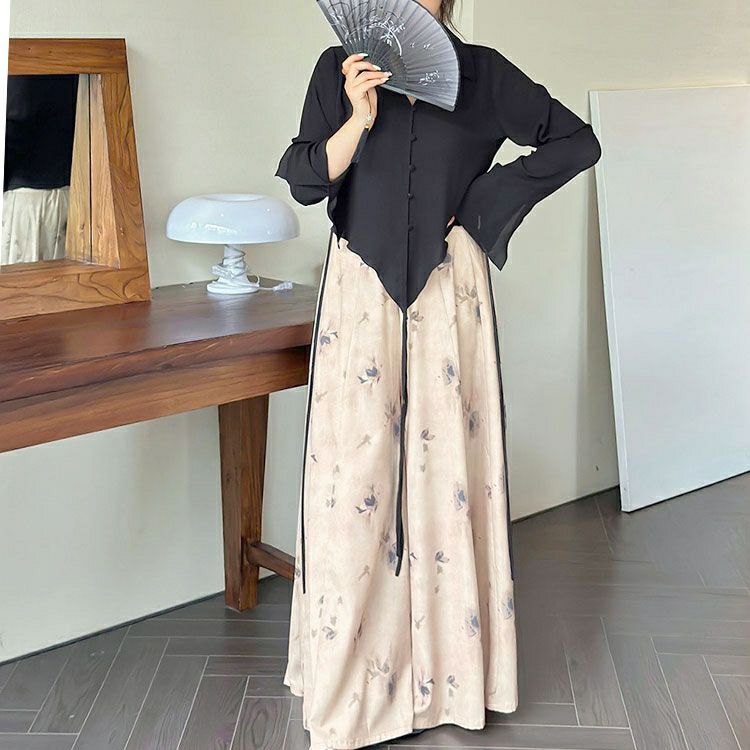 大きいサイズ レディース フレア袖シャツ＆花柄ガウチョパンツ　goldy-1583