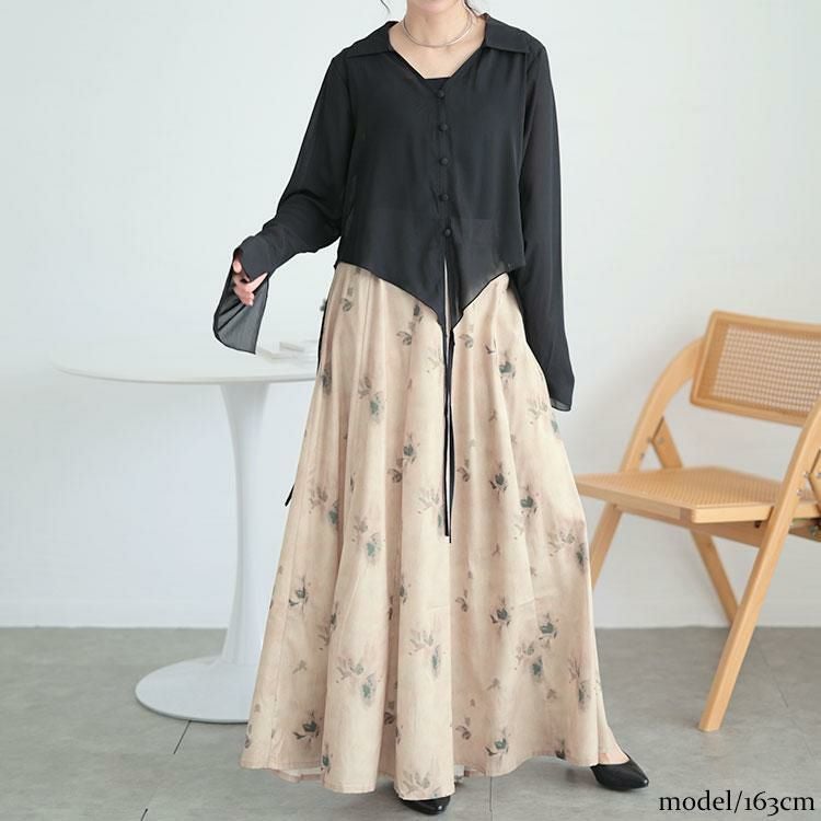 大きいサイズ レディース フレア袖シャツ＆花柄ガウチョパンツ　goldy-1583 ブラック