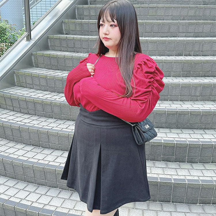 大きいサイズ レディース Vウエストパンツ裏地プリーツミニスカート　goldy-1595