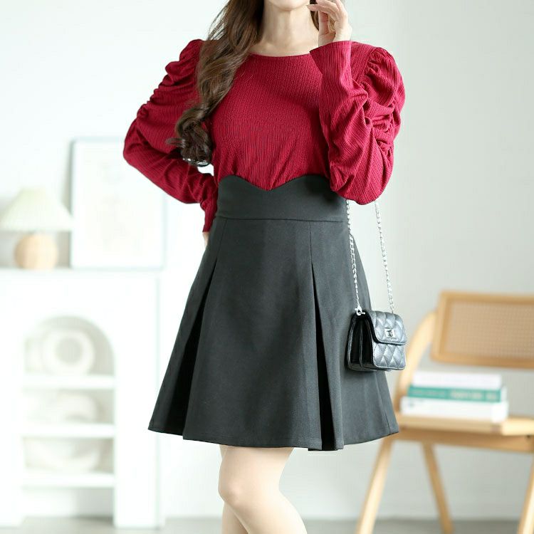 大きいサイズ レディース Vウエストパンツ裏地プリーツミニスカート　goldy-1595