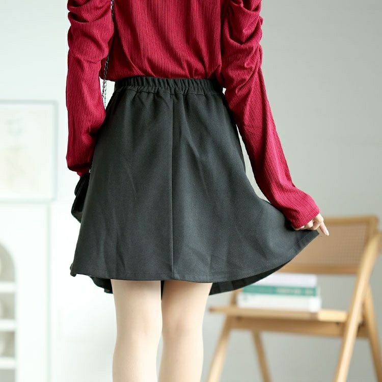 大きいサイズ レディース Vウエストパンツ裏地プリーツミニスカート　goldy-1595