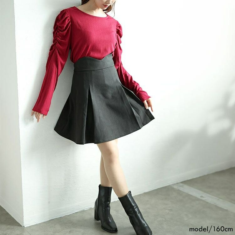 大きいサイズ レディース Vウエストパンツ裏地プリーツミニスカート　goldy-1595